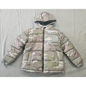 Swiss Tech Puffer Jacket Kids Size S 6-7 Green Camo Hooded Fleece Lined Coat